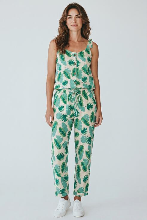 J.Crew Other - J.Crew 2 Piece Set Womens M Green White Linen Blend Palm Leaf Beach Top & Pants